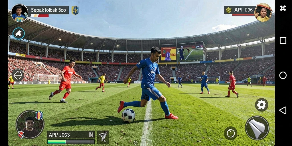 Tampilan gameplay API36 yang mendebarkan dengan aksi sepak bola intens.