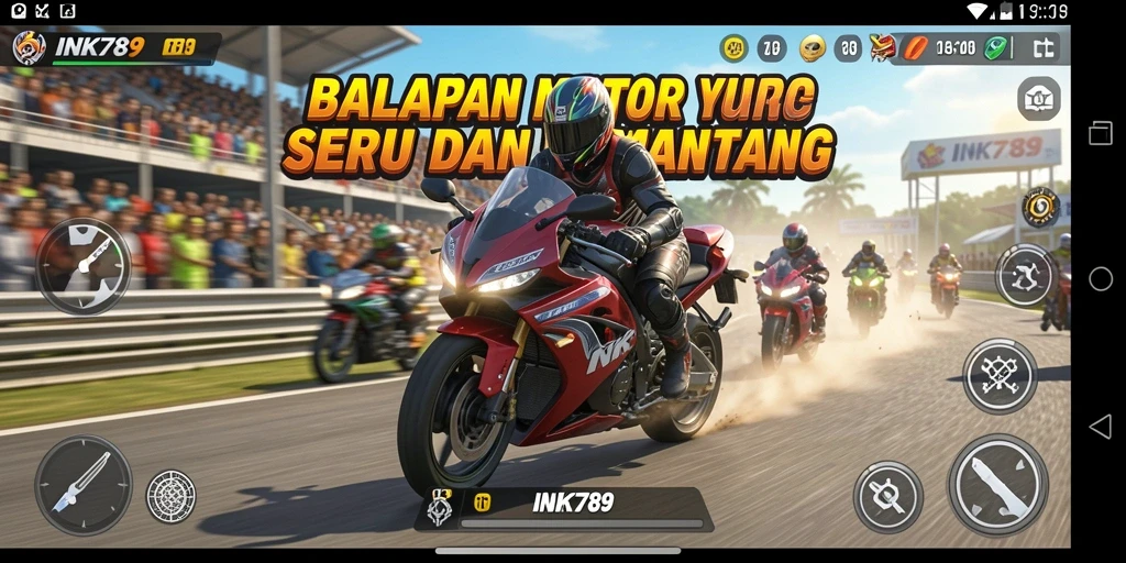 Screenshot menunjukkan aksi balapan motor dengan trek yang menantang dan motor beragam.