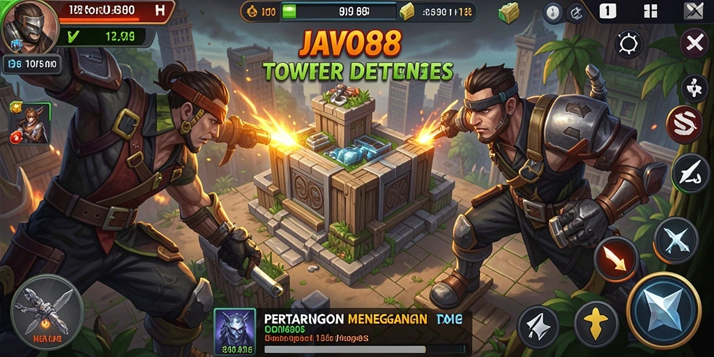 Screenshot gameplay menampilkan pertahanan menara melawan gelombang musuh.