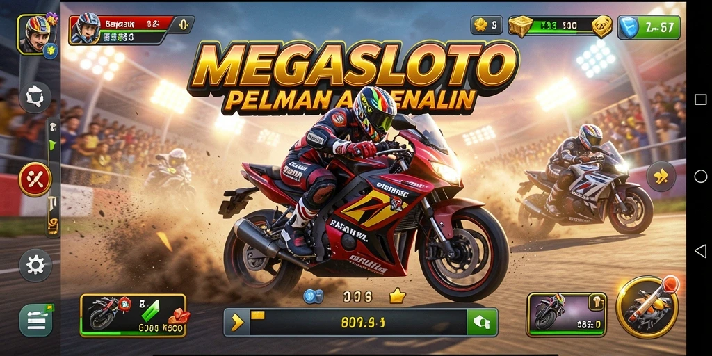 Screenshot gameplay MEGASLOTO menampilkan aksi balapan motor yang mendebarkan.