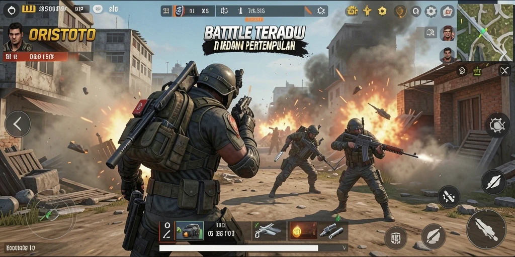 Screenshot ORISTOTO menampilkan aksi seru di medan perang Battle Royale.