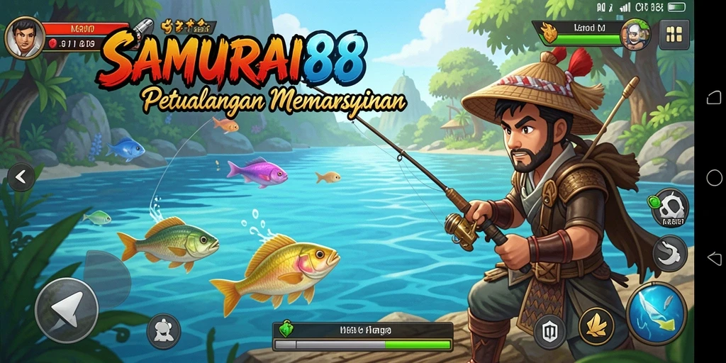 Screenshot utama SAMURAI88 menampilkan aksi memancing yang seru dan penuh warna.