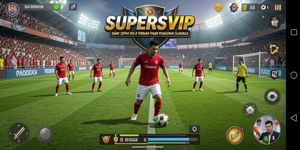 Screenshot utama SUPERSVIP menunjukkan aksi seru di lapangan sepak bola.